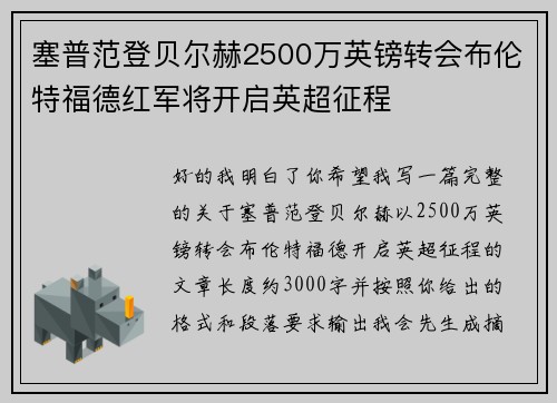 塞普范登贝尔赫2500万英镑转会布伦特福德红军将开启英超征程