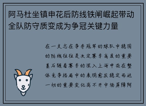 阿马杜坐镇申花后防线铁闸崛起带动全队防守质变成为争冠关键力量 阿马杜坐镇申花后防线铁闸崛起带动全队防守质变成为争冠关键力量